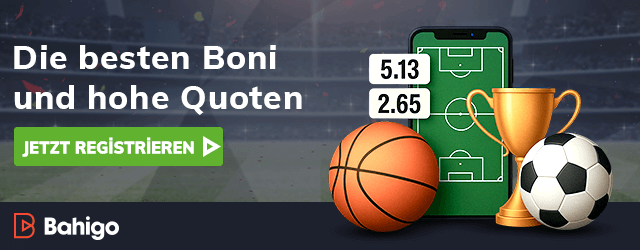 Bahigo zeigt Wettquoten mit Sporttrophäe Fussball und Basketball auf grünem Hintergrund