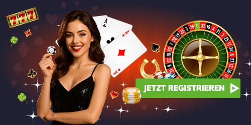 Spielerin mit Jetons und Roulette auf dunklem Casinodesign mit Karten und Symbolen