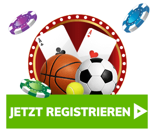 Kombinierte Darstellung von Sportwetten und Casinoelementen wie Fussball Karten und Chips