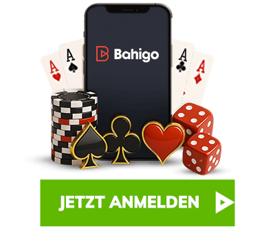 Kombination aus Karten Chips Würfeln und Bahigo Logo auf dunklem Hintergrund